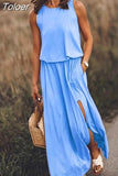 Summer Women Loose Sleeveless Long Dress Solid Color O Neck Slit Vestidos Midi Elegante Branco Office Lady