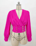 Red Crop Tops Women's V-neck Sexy Long Sleeved Short Waistband Bubble Sleeved Solid Color Pleated Shirt Femme Blusas