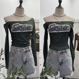 Girls Letter Sticker Leopard Long-Sleeved T-Shirt 2025 Autumn New Thin Short Top