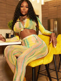 Fall Streetwear 2 Two Piece Set Outfits Women Long Sleeve Button Crop Top Skinny Pants Mesh Print Tracksuit Matching