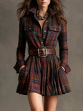 Women's Digital Printed Check-Shirt Dress Waist Pocket