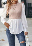 Fake Two Shirts For Women 2023 Casual O-neck Puff Sleeve Wave Blouse Autumn Fashhion Slim Button Top Femme-Outfit