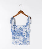 Adjust Bow Strap Blue White Floral Print Camis Women Summer Ruched Short Tank Tops Retro Cool Girl Sexy Slim Crop Top Tees-Outfit