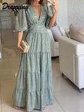 Print Half Sleeve Maxi Dresses Women V Neck Loose Hem Elegant Dress Hight Waist Loose Hem Women 2 Piece Sets Women-Outfit