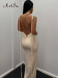 Elegant Bandage Spaghetti Strap Ruched Maxi Dress for Women Party Club Vestido Sexy Backless Draped Dresses