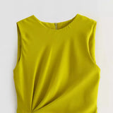 New Spring Style Side Pleated Dress With Long Sleeveless Midi Dress-Outfit