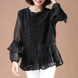 Casual Loose O-Neck Fashion Sequined Chiffon Blouse Spring Autumn Korean Ruffles Lace Spliced All-match Long Sleeve
