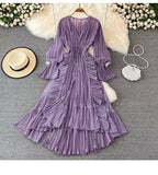 Fairy Seaside Holiday Chiffon Dress Female Lotus Lace V Collar Temperament Folded Waist Thin Swing