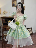 Sweet Green Dress Women Patchwork Flower Mini Dresses Female Print High Waist Designer Chic Fashion Dress 2022