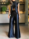 2 Pieces Sets Women Sleeveless Tank Split Hem Top And Wide Leg Pants Women Outfits Silk Pant Sets Matching Sets-Outfit