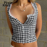 Gingham Crop Tops Summer Y2k Clothes Women Lace Trim Button Up Square Neck Backless Tank Top Cute Girls 703-0-Outfit