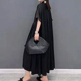 Women's Clothing Korean Pleated Patchwork Long Dress Casual Loose Summer All-match Solid Color Commute Polo-Neck Button Dresses-Outfit
