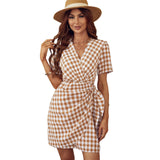 Plaid V-Neck Beletd-Bow