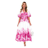 New Spring And Summer Bubble Sleeve V-Neck Women's Slings Print Fairy Gas In The Long Temperament Swing Dress Dress