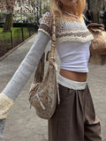 y2k Sweater Smock Patchwork Fashion Super Short Knitwear Pullovers Women Cutout Sexy Outfits Crochet Crop