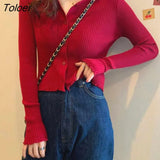 Green Thin Knitting Cardigan Women Spring Summer Button Up Long Sleeve Cropped Top Woman Round Neck Solid Color