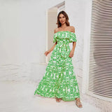 Hot Selling A Word-Collar Print Lotus Leaf Side Temperament Dress Dress