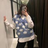 Cloud Print V-neck Sweaters Loose Knit Vest Top Winter Clothes Women Autumn Knitted Pullover Sweater Vest Women