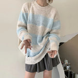 Lazy Style Knitted Sweater Korean Fashion Frayed Loose Pullover Fairycore Sweet Oversized Jumper Striped Hole