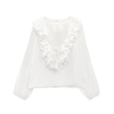 Early And Early Autumn New French Sweet V-Neck Thin Long-Sleeved Lotus Leaf Shirt Top