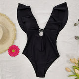 Printed Flowers Even Lotus Leaf Side Body Swimsuit Women 2025 New Swimsuit Bare