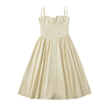Romantic Bra with Wire Corset Style Low Waist Spliced Ruched Pleated Swing Long Midi Dress Women Sexy Summer Sling Robe-Outfit