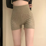 Womens Autumn Winter Skinny Basic Yoga Shorts Solid Color High Waist Knitted Slim Thighs Stretchy Short Pants-Outfit