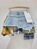 Women's Denim Skirt Colored Plaid Patchwork Irregular Deconstructed A-line High Waist Mini Skirt 2024 Summer New Fashion-Outfit