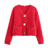 2025 New Women's Solid-Color Casual Fashion Coarse Knit Long-Sleeved Sweater Cardigan