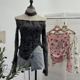 Pink Butterfly Hanging Neck To Make Old Hole Long-Sleeved T-Shirt Hottie Slanted Shoulder Slim Short Blouse
