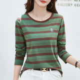 Autumn Women's Pullover Round Neck Embroidery Solid Striped Long Sleeve Undershirt Slim T-shirt Office Lady Casual Tops-Outfit