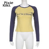 Long Sleeve Graphic T Shirts Retro Y2k Clothes for Women Letter Printed Raglan Sleeves Crop Tops