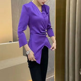 Waist Commute Folds Shirt Spring Autumn V-Neck Women's Clothing Basic Single-breasted Slim Fashion Asymmetrical