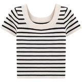 Knitted Blouse French U-Collar Striped T-Shirt New Summer Ice Silk Short-Sleeved Collarbone Bottomed Shirt-Outfit