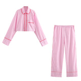 New Rolled-Edged Poplin Shirt Rolling-Edged Pajamas Style Pants Set-Outfit