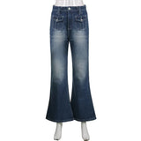 Punk Vintage Low Rise Flared Jeans with Pockets Goth Streetwear Full Length Blue woman jeans Y2K Retro Chic Pants Fall-Outfit