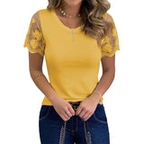 Shirts for Women Casual Summer O Neck Short Sleeve Tops Lace Patchwork Design Slim Fit Pullovers Top 2021 Blusa