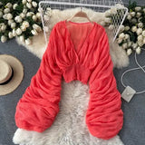 Summer Sexy Draped Chiffon Blouse For Women Elegant V-Neck Puff Long Sleeve Short Tops Female Slim Party Shirts 2022 New