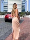 Elegant Halter Slit Maxi Dress Summer Outfits for Women Party Club Sexy Cut Out Bandage Backless Dresses