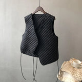 Women's Plaid Lace Up Cotton Quilted Vest 2022 Winter New Loose Casual Top Cotton