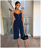 Summer Jumpsuit Women Sexy Halter Sleeveless Straps Long Jumpsuit Casual Lace Up Button Wide Leg Overall Jumpsuit