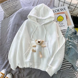 2021 Spring Autumn Women Loose Cute Pocket Bear Toy Hoodie Hooded Sweatshirt College Girls Casual Kawaii Harajuku Pullover