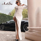Fashion Solid Color Long Dress High Slit Sexy Backless Asymmetrical Design For Elegant Women Party Clubwear