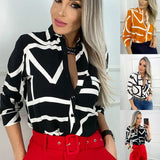 Down Collar Print Shirts Women Fashion Clothes Spring Office Lady Blouse Button Pocket Long Sleeve Tops Mujer