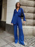 Office Satin Blue Pantsuits Long Shirt And Pants 2 Piece Sets Womens Outfits Casual Wide Legs Pants Suit Female