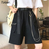 Harajuku Chain Cargo Shorts Women 2023 Summer Big Pockets Wide Leg Shorts Woman Black High Waist Streetwear Shorts