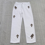 New Crowne Loose Printed Jeans Cross Leisure Straight Tube Loose White Washed Trousers-Outfit