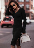 Sexy Ribbed V Neck Long Sleeve Slit