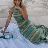 Style Knitted Striped Long Skirt Women Summer Vacation Backless Sleeveless Crop Halter Top Y2K Sexy Green High Waist