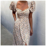 Vintage Maxi Dress Women Floral Print Summer Slim Casual High Waist Dress Square Neck Boho Beach Retro Vestidos